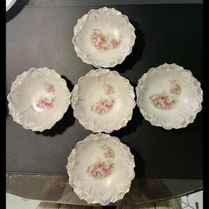 RS Prussia Antique 1870 To 1915 5 Pastel Porcelain Bowls Field Flowers Gold Trim